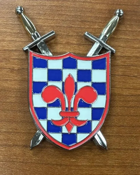Adam's squadron coin: a shield with a red fleur-de-lis on a blue and white checkered field, over two crossed swords